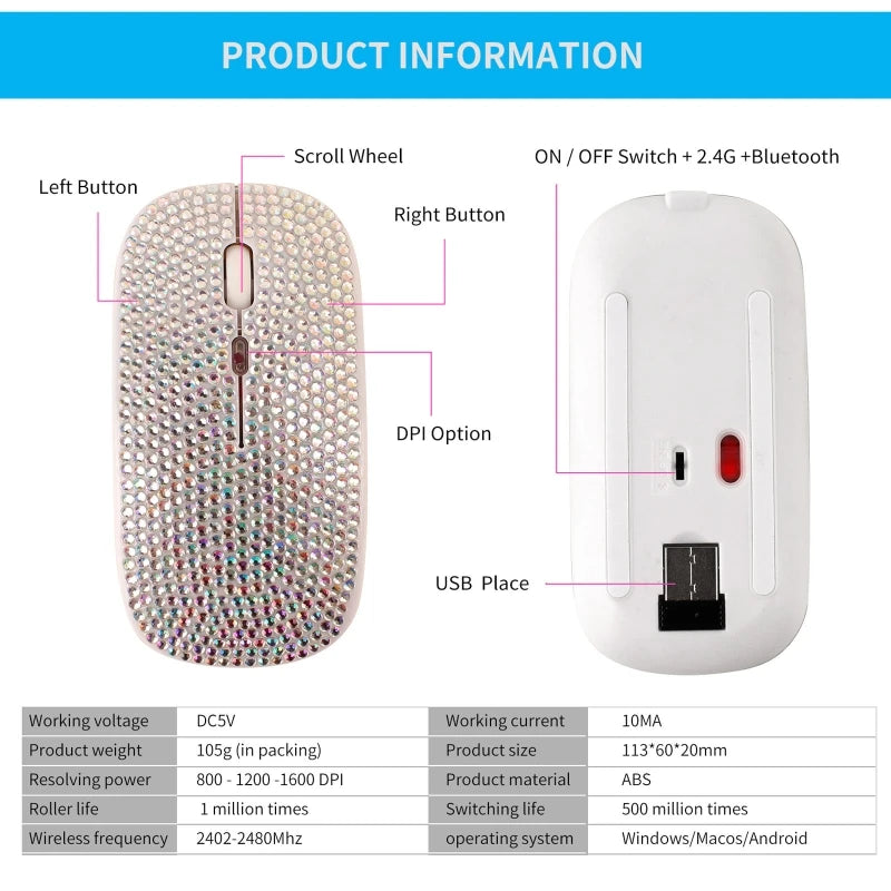 Wireless Mouse with Crystal Diamonds