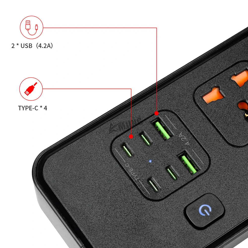 UK Plug Power Strip With USB AC Port Charge - 2M Extension